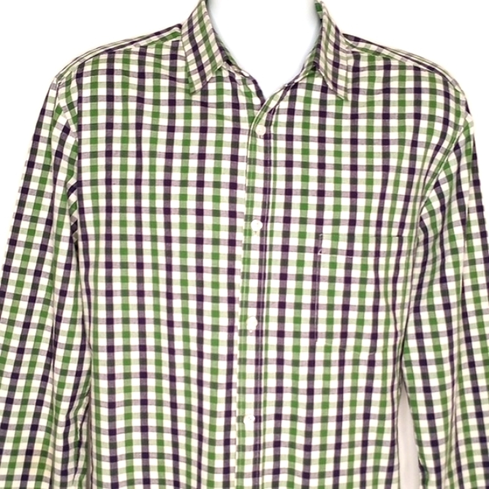 Theory White Green Navy Blue Checkered Plaid Long Sleeve Button Down Shirt XXL